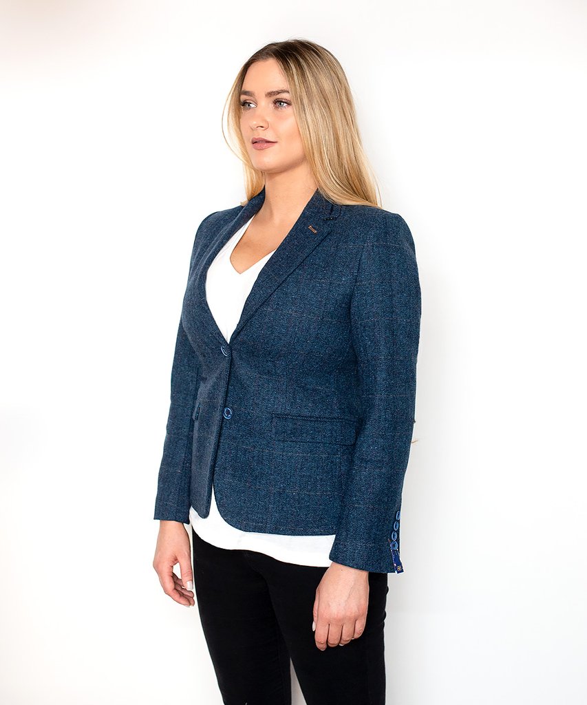 Women's Ladies Blue Tweed Check Blazer Smart Formal Jacket - Image 2
