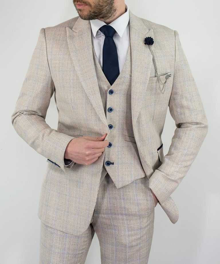 Cavani Caridi Cream Check 3 Piece Slim Fit Wedding Suit SuitsMe