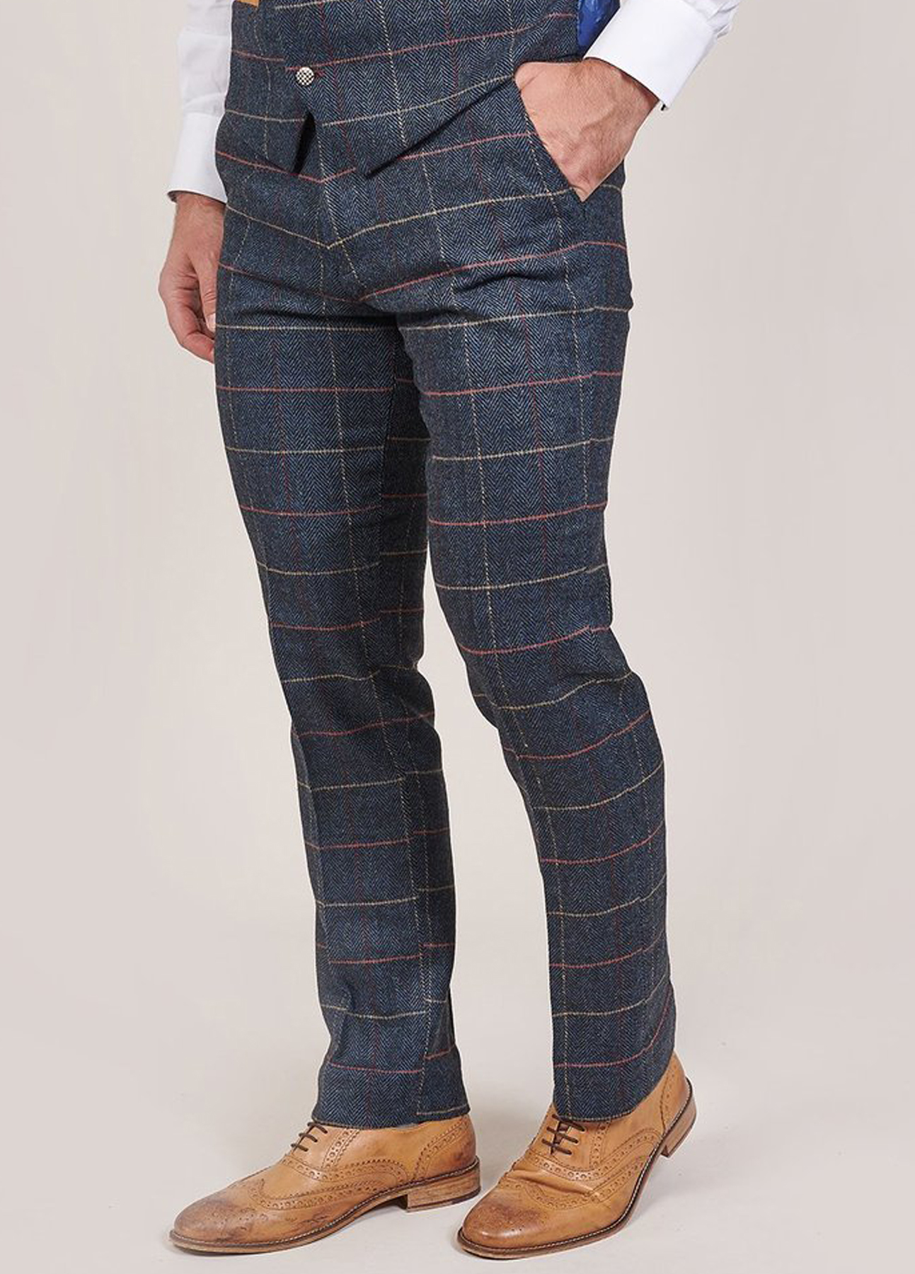 Marc Darcy Eton Navy Tweed Check Trousers Slim Fit | SuitsMe