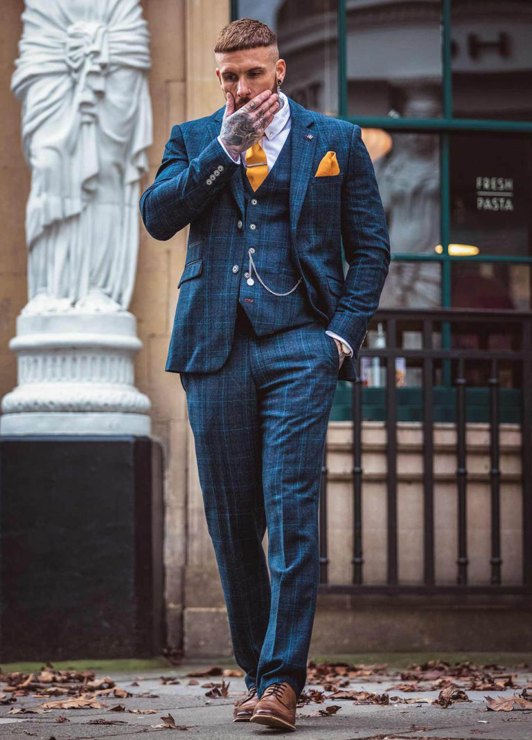 Cavani Cody Blue Tweed Check Wedding 3 Piece Suit Slim Fit | SuitsMe