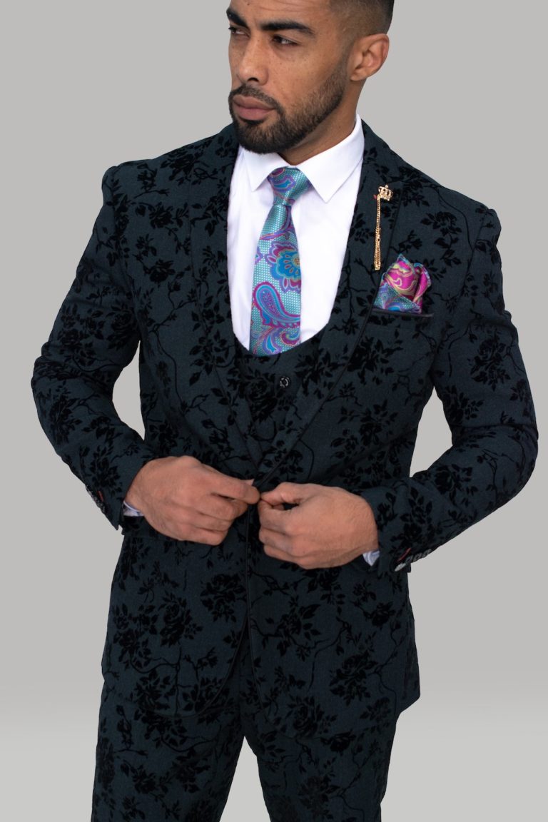 Cavani Georgi Black Floral 3 Piece Slim Fit Suit | SuitsMe
