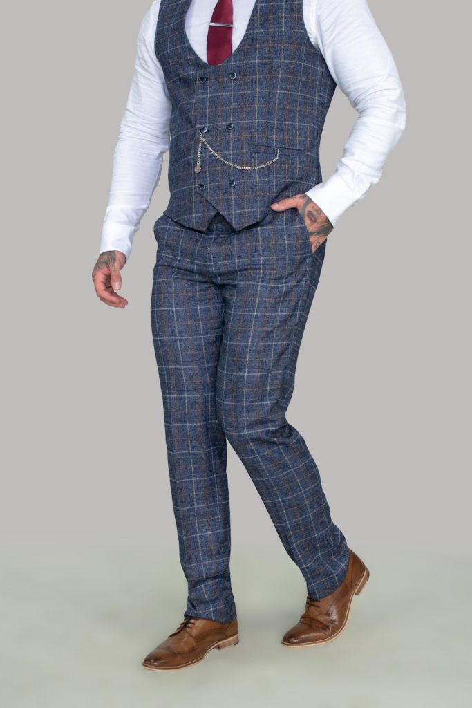 thumbnail image 2 of Cavani Men's Check Blue Tweed 3-Piece Slim Fit Wedding Suit – Formal, Notch Lapel 2 of 6