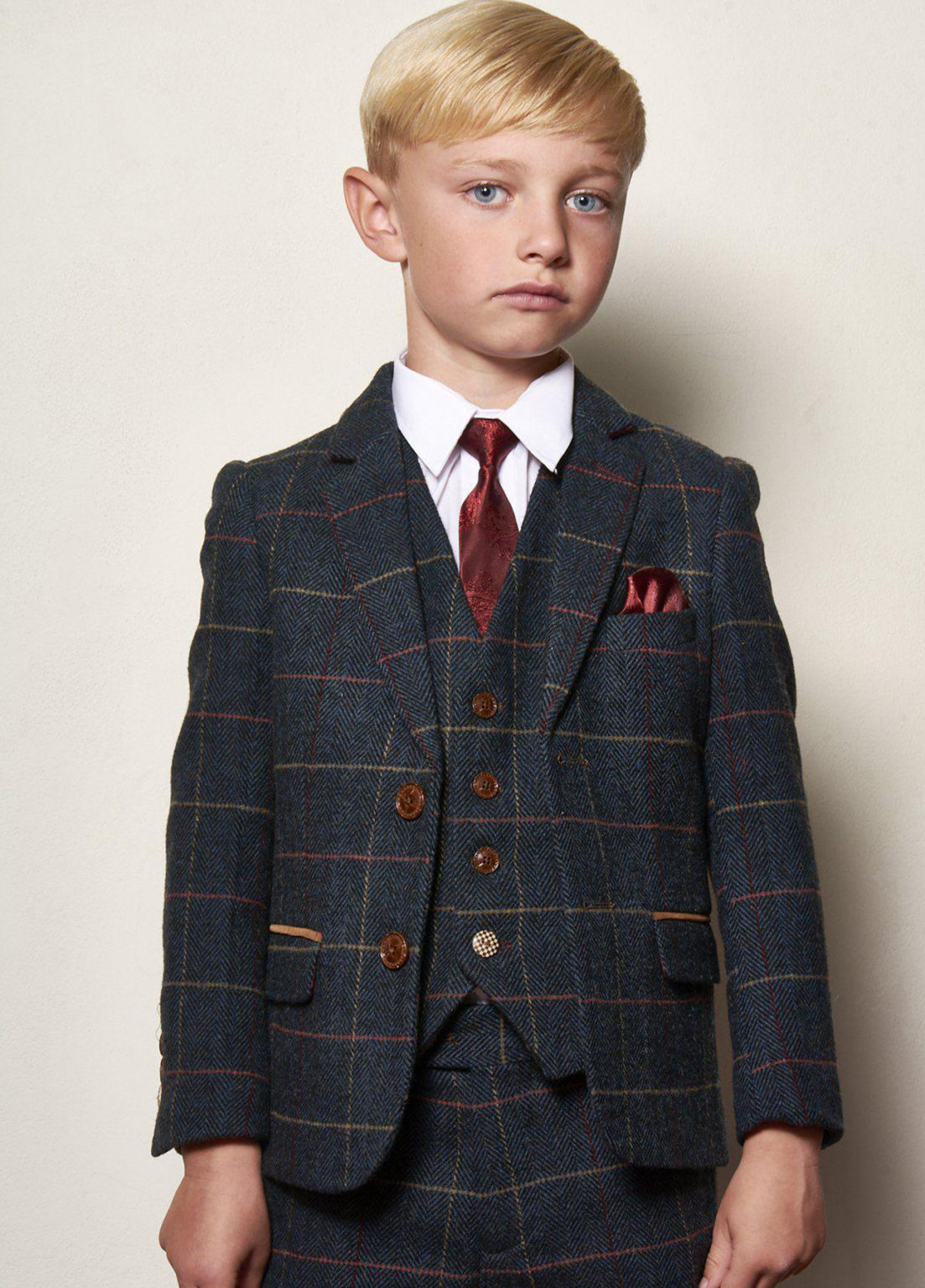 Boys Marc Darcy Eton Blue Check Tweed 3 Piece Suit SuitsMe
