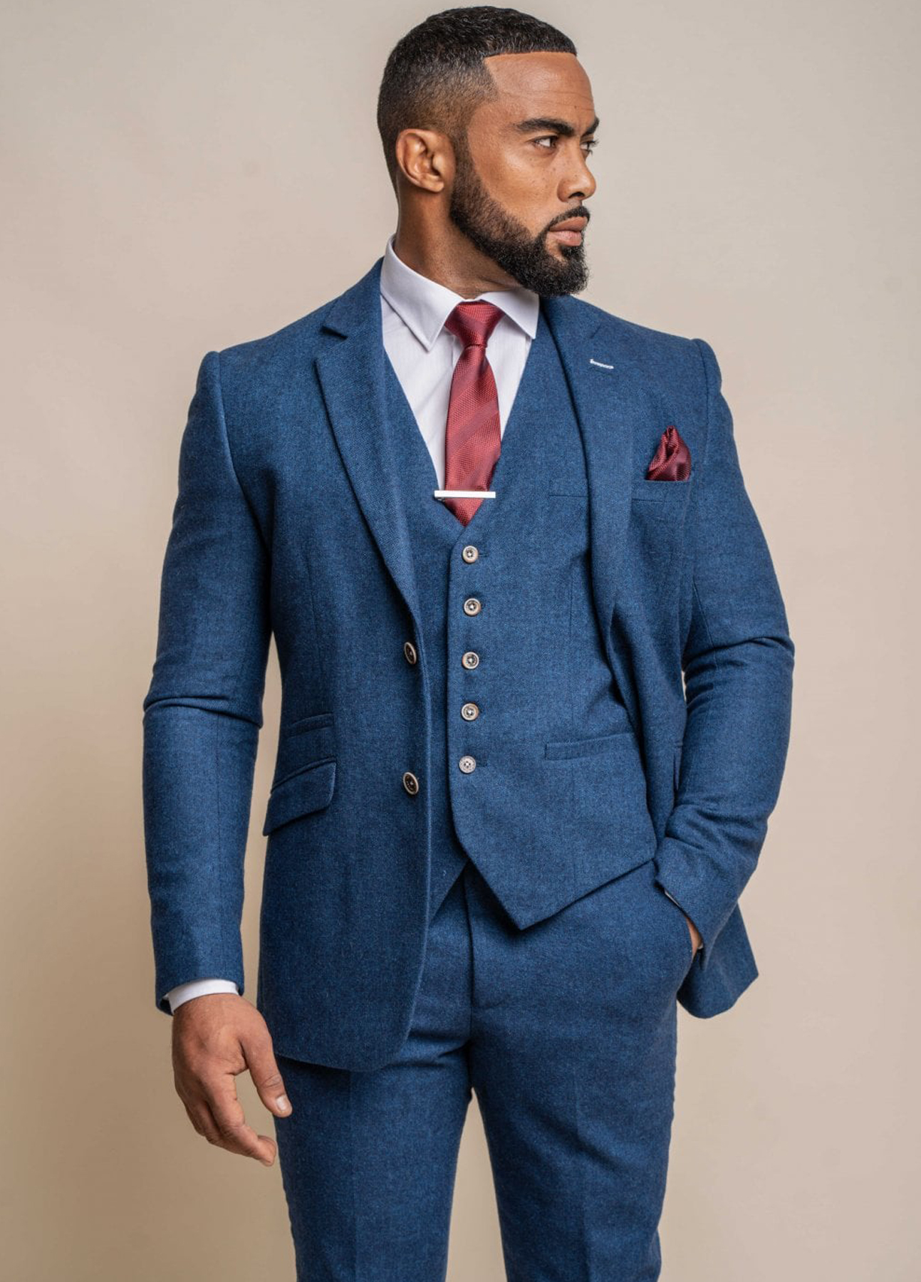 thumbnail image 2 of Cavani Men's Check Blue Tweed 3-Piece Slim Fit Wedding Suit – Formal, Notch Lapel 2 of 6