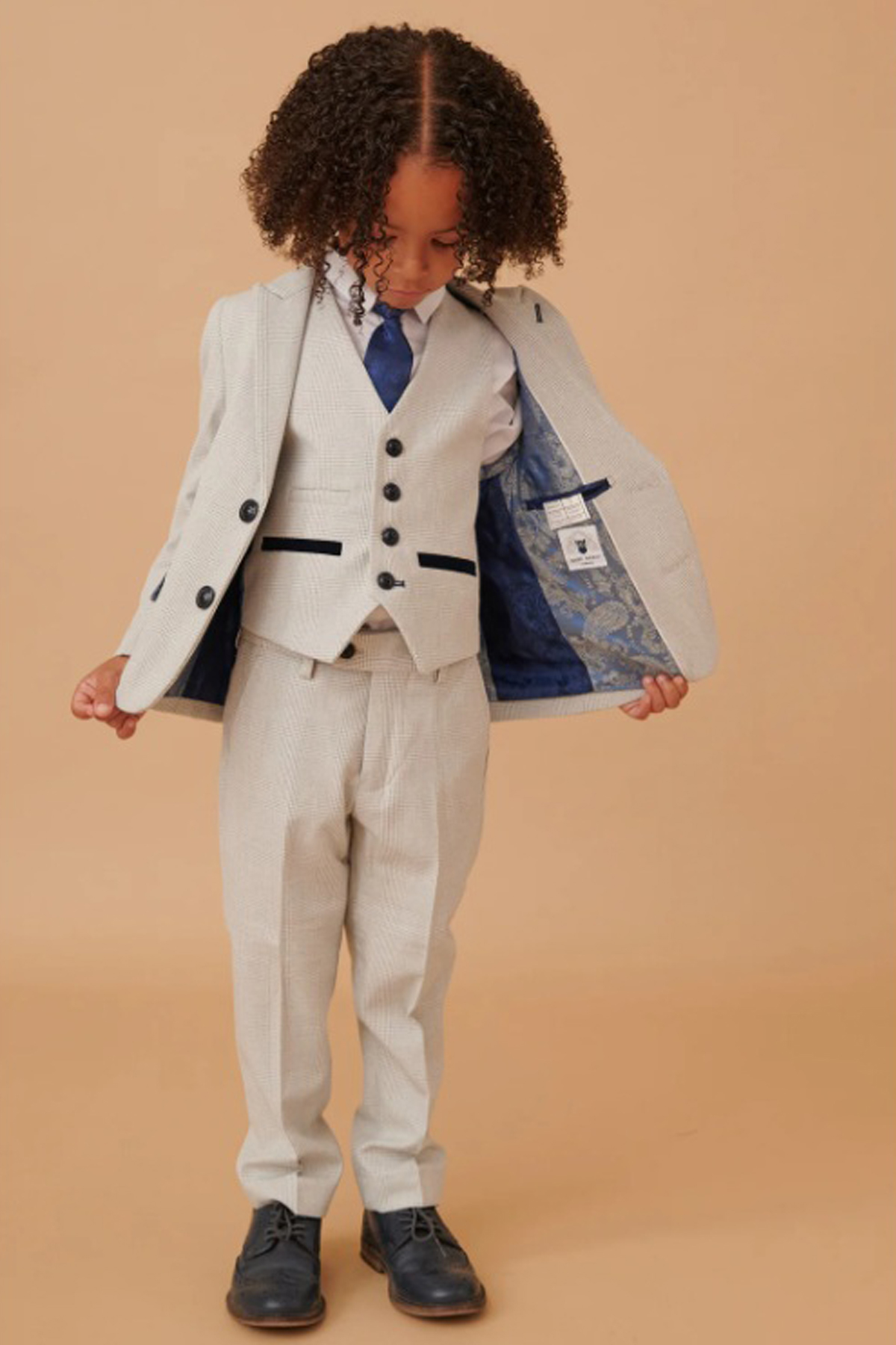 Boys Marc Darcy Bromley Stone Check Wedding 3 Piece Suit - Image 3