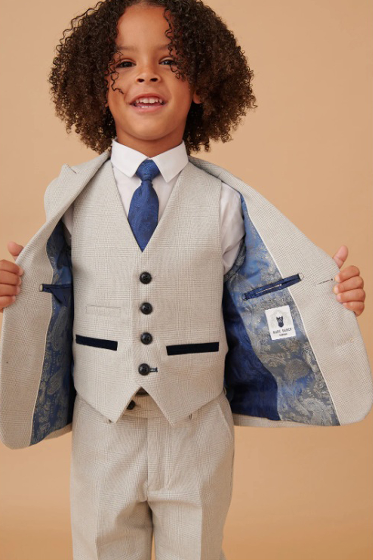 Boys Marc Darcy Bromley Stone Check Wedding 3 Piece Suit - Image 5
