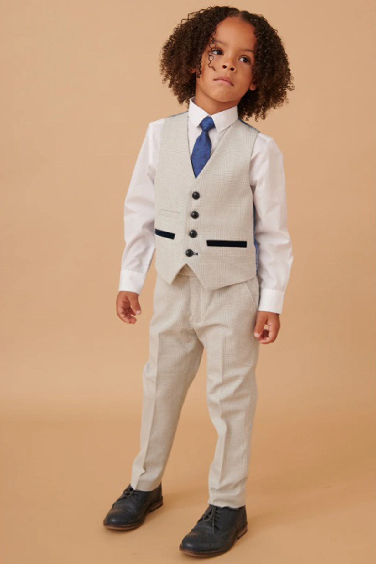 Boys Marc Darcy Bromley Stone Check Wedding 3 Piece Suit - Image 7