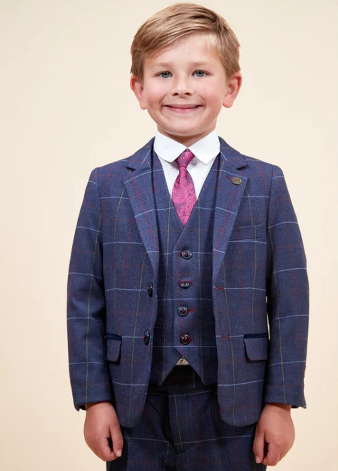 Boys Marc Darcy Drake Navy Check Tweed 3 Piece Suit SuitsMe