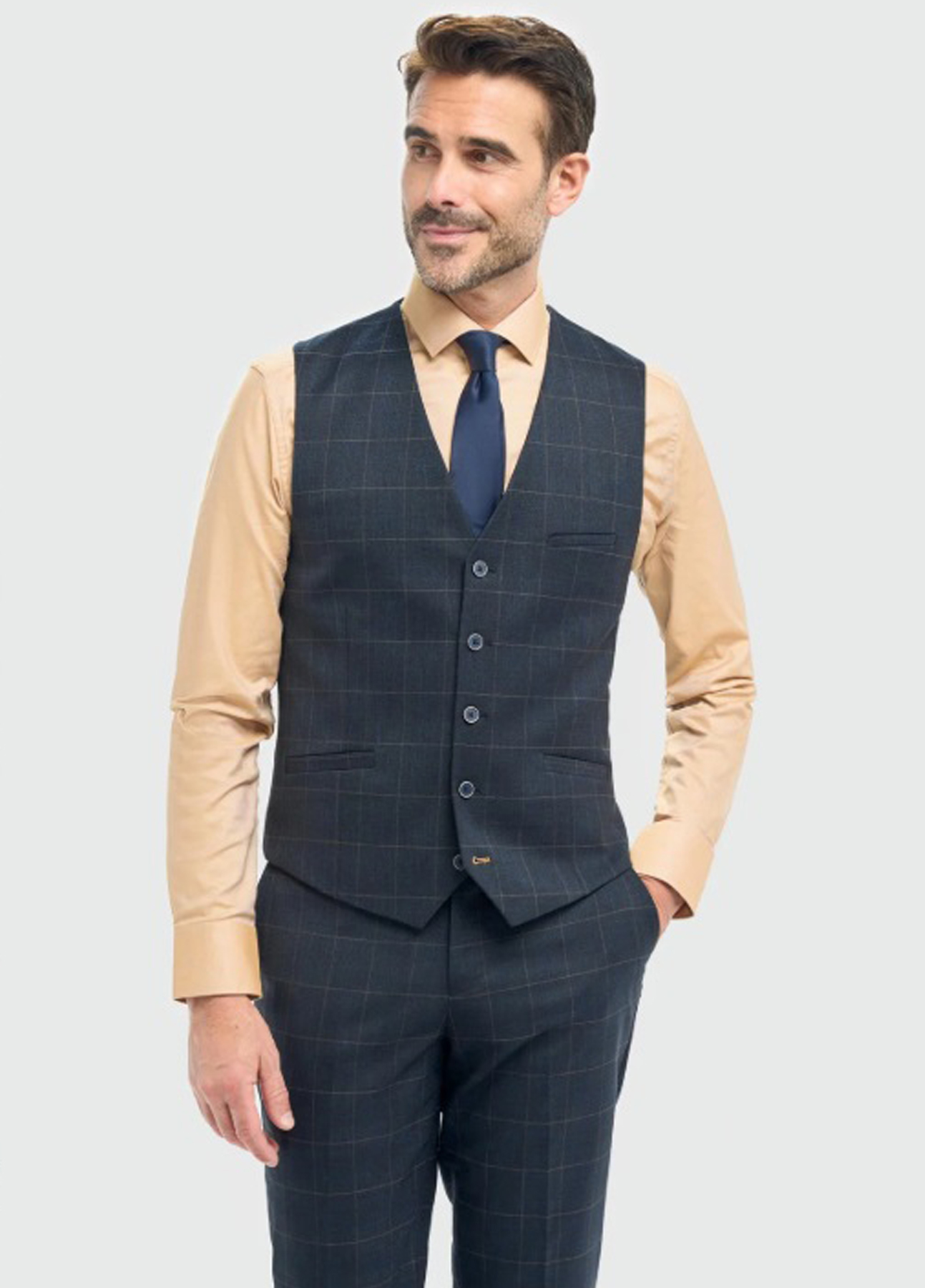 VINCI Men's Navy Blue Birdseye 3-Piece Modern Fit Suit W/ Contrast Trim - MV2B-1, Polyester-Rayon