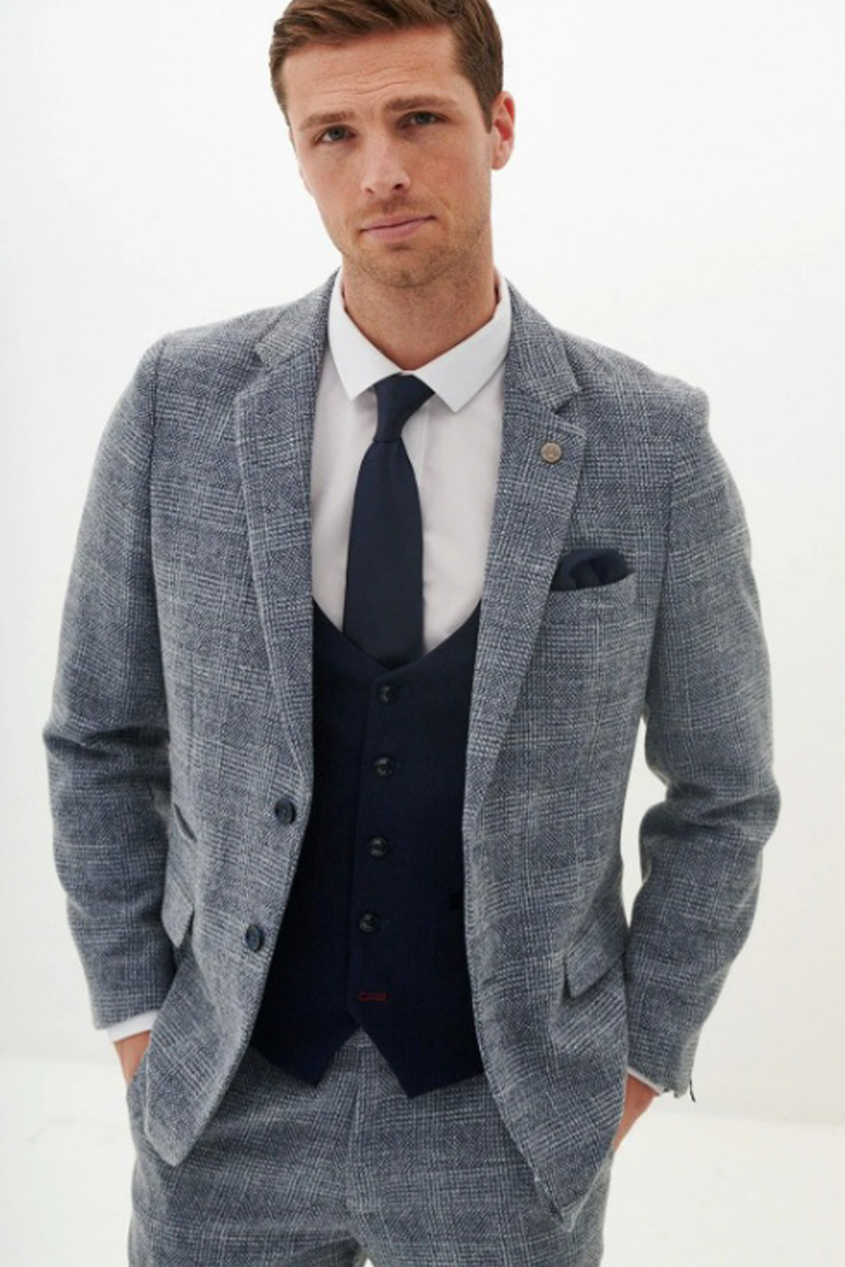 Marc Darcy Sky Blue Tweed Contrast 3 Piece Suit - Image 3