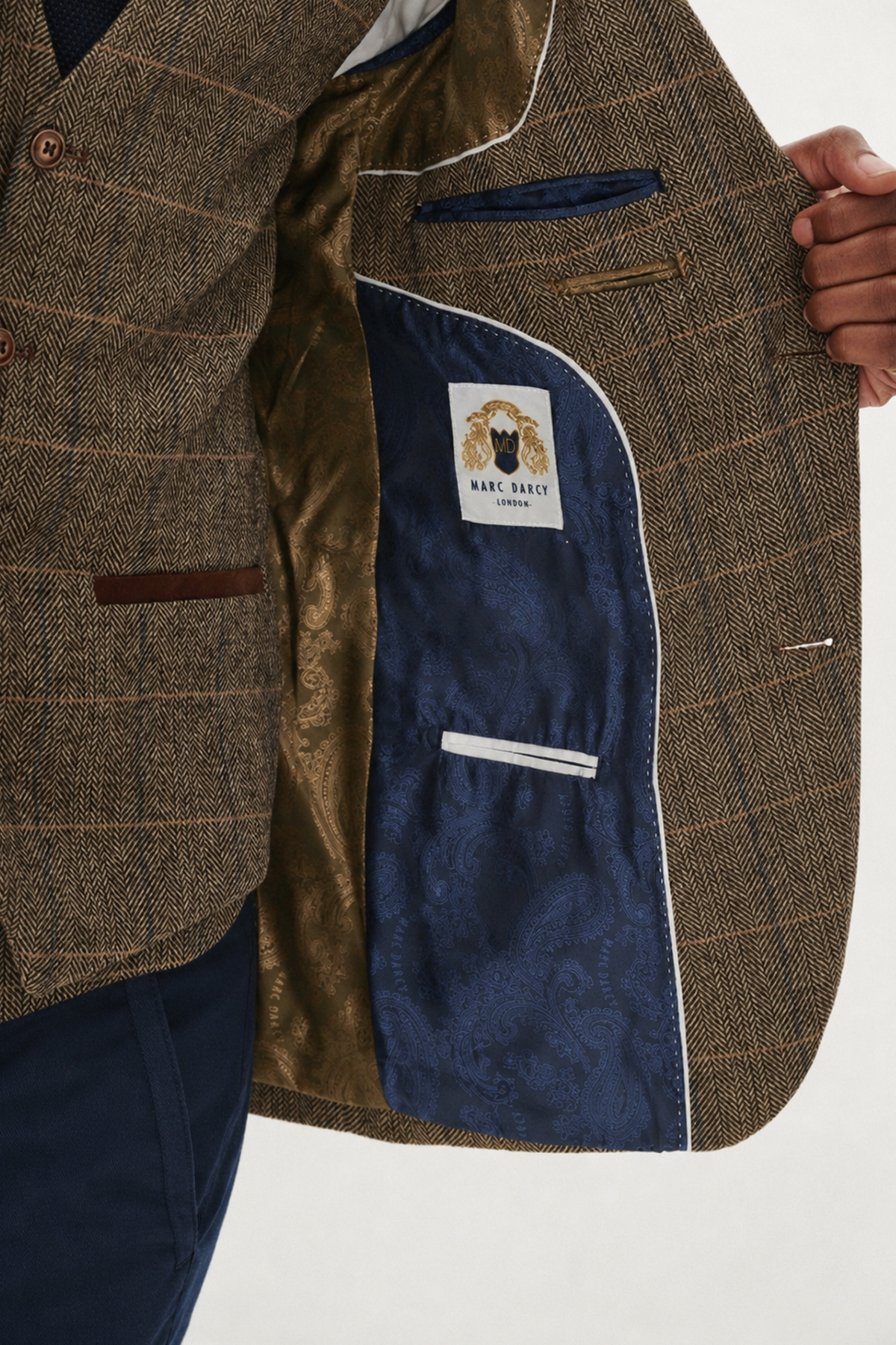Marc Darcy Tan Tweed Check Contrast 3 piece Suit Navy Chinos - Image 4