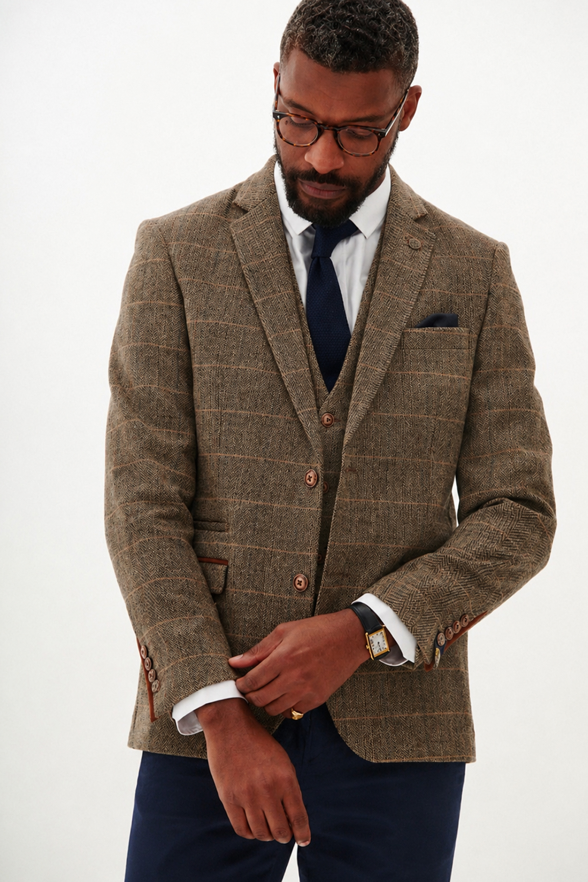 Marc Darcy Tan Tweed Check Contrast 3 piece Suit Navy Chinos - Image 3
