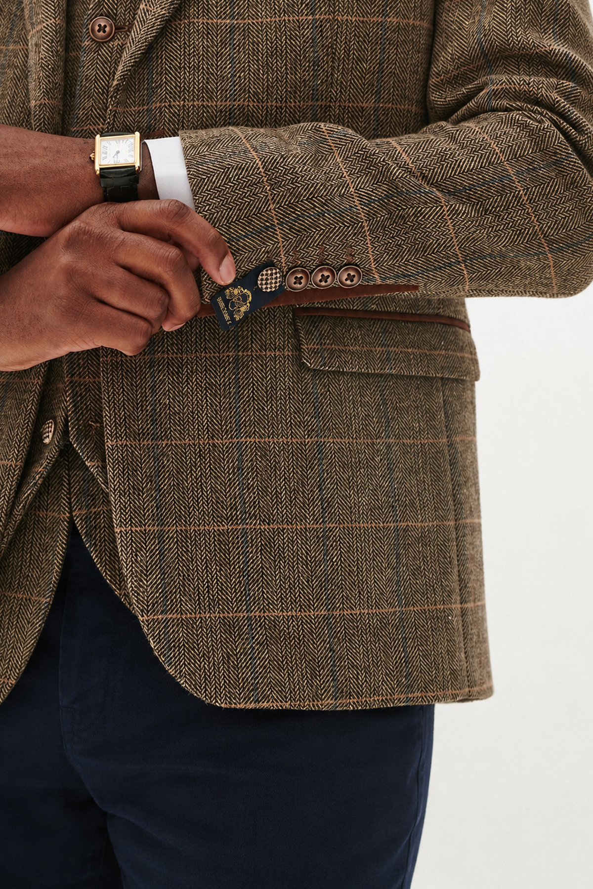 Marc Darcy Tan Tweed Check Contrast 3 piece Suit Navy Chinos - Image 6