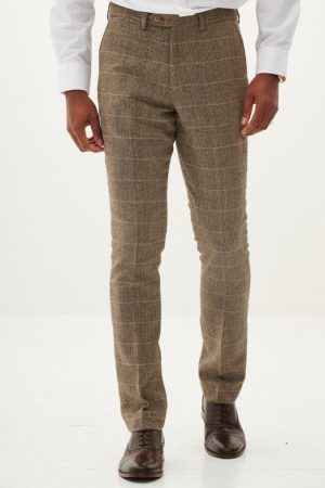 Marc Darcy TED Tan Tweed Check Tailored Tweed Trousers