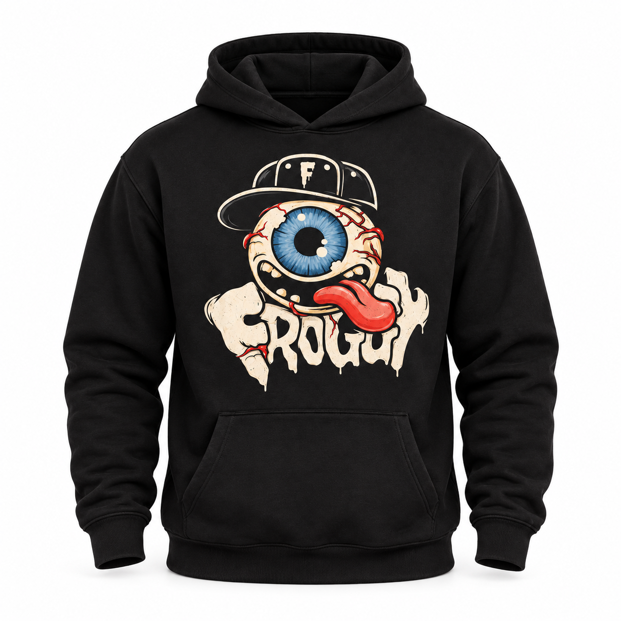 Black Froggy graphic hoodie with a blue eyeball cartoon character, red tongue, cream lettering and no drawstrings.
