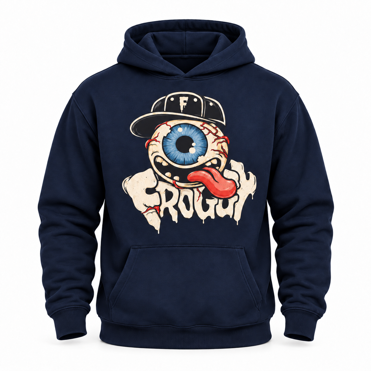 Dark navy Froggy graphic hoodie with a cap-wearing blue eyeball character, red tongue and cream lettering.