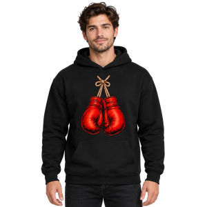 Men’s black boxing gloves graphic hoodie with kangaroo pocket and no drawstrings.