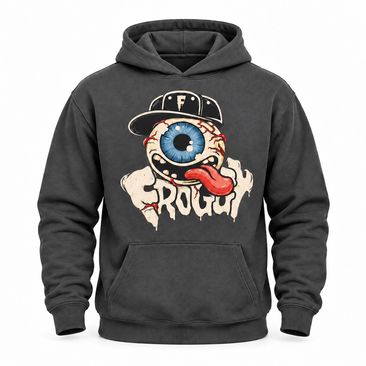 Charcoal grey Froggy pullover hoodie with a blue eyeball character, red tongue, cream lettering and kangaroo pocket.
